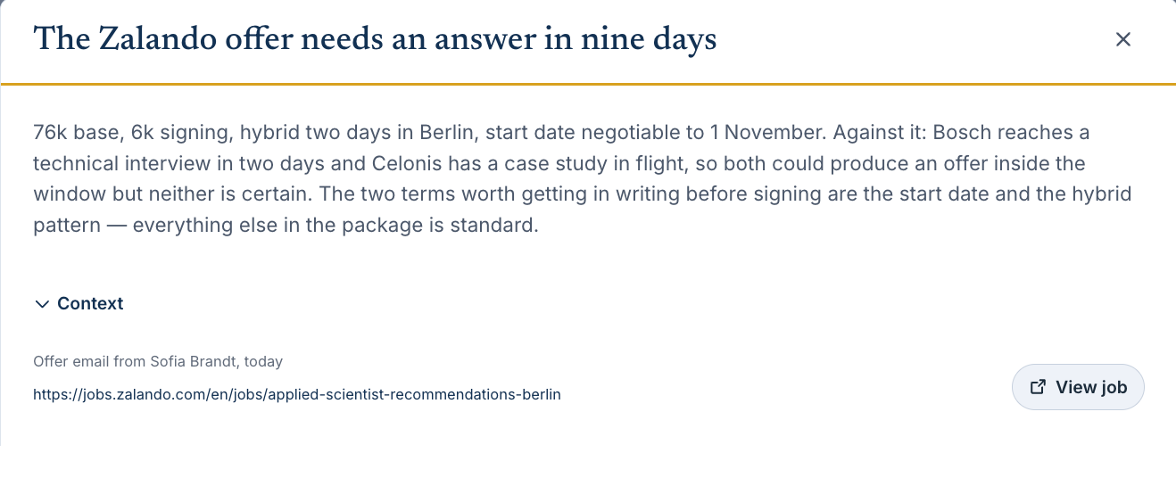 An agent update in JobSteward, weighing a Zalando offer against two interviews still in flight, with the source email and the job posting attached
