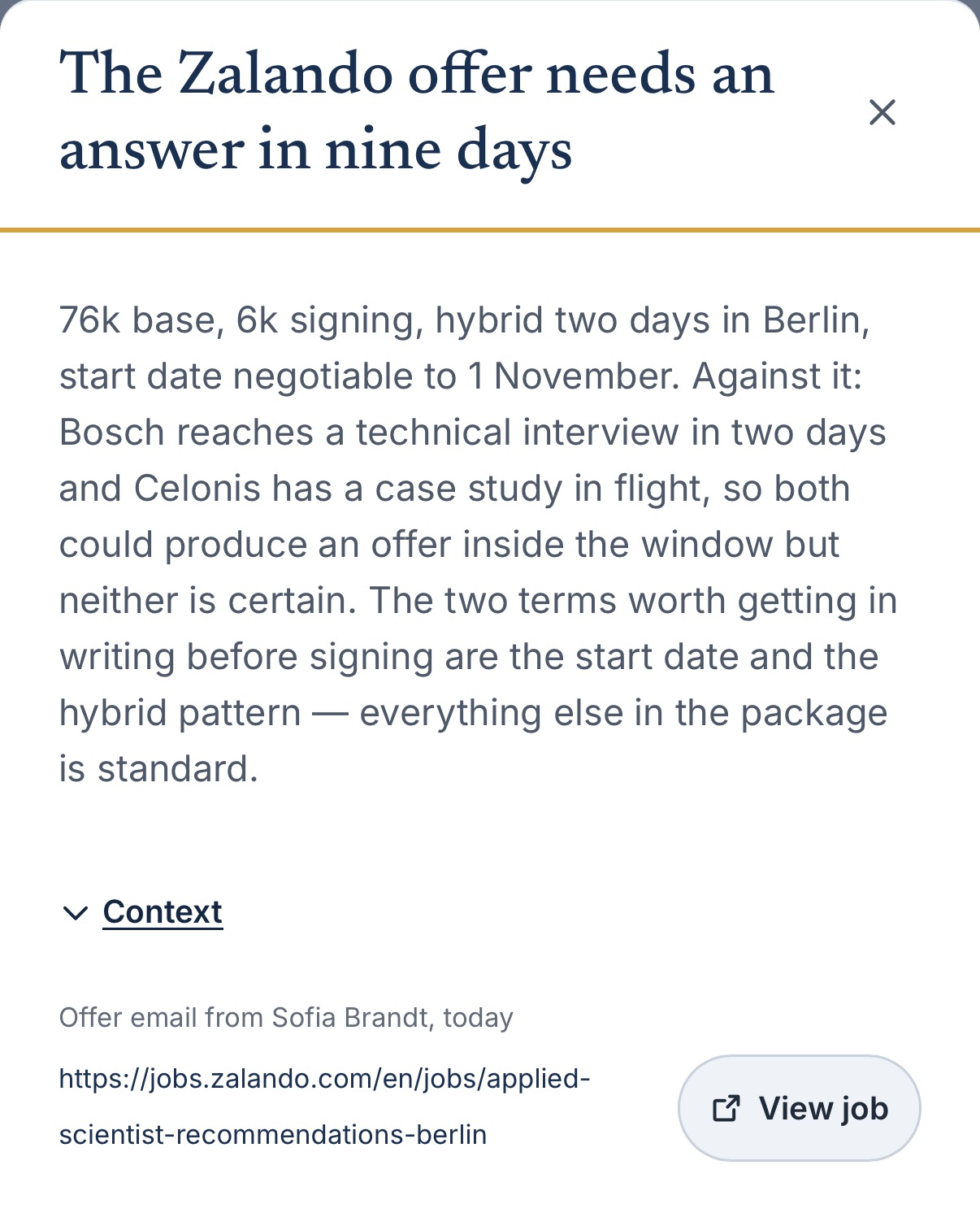 An agent update in JobSteward on a phone, weighing a Zalando offer against two interviews still in flight, with the source email and the job posting attached