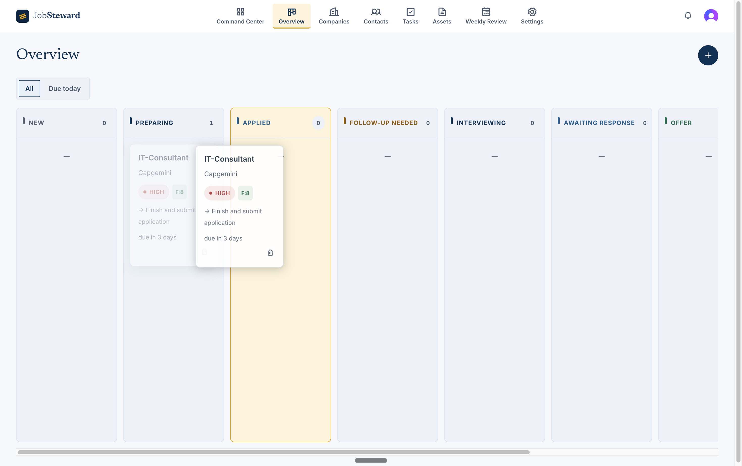 The JobSteward job search board, with every opportunity sorted into its stage from first note to offer