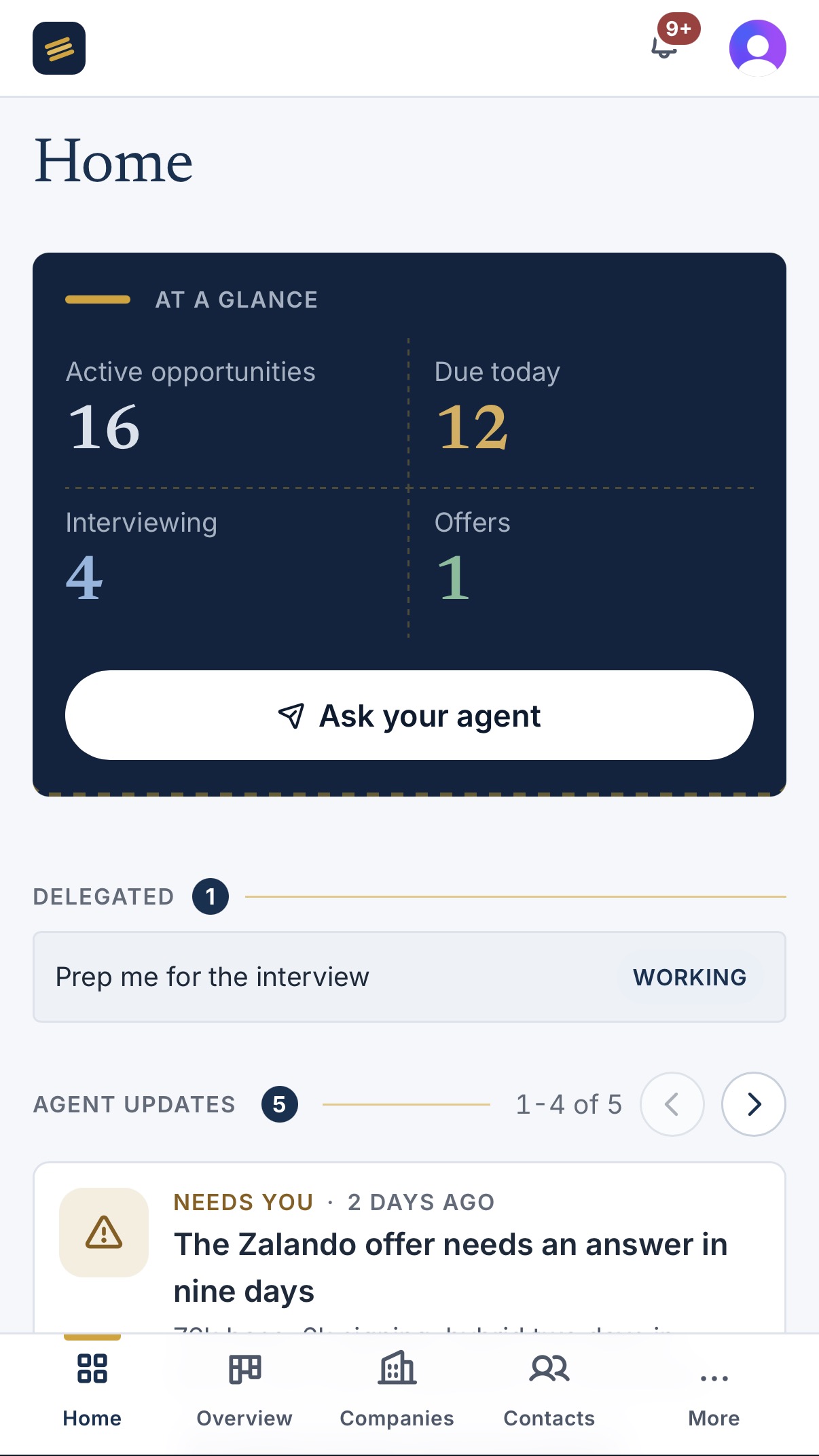 The JobSteward home screen on a phone, with active opportunities, what is due today and the latest agent updates